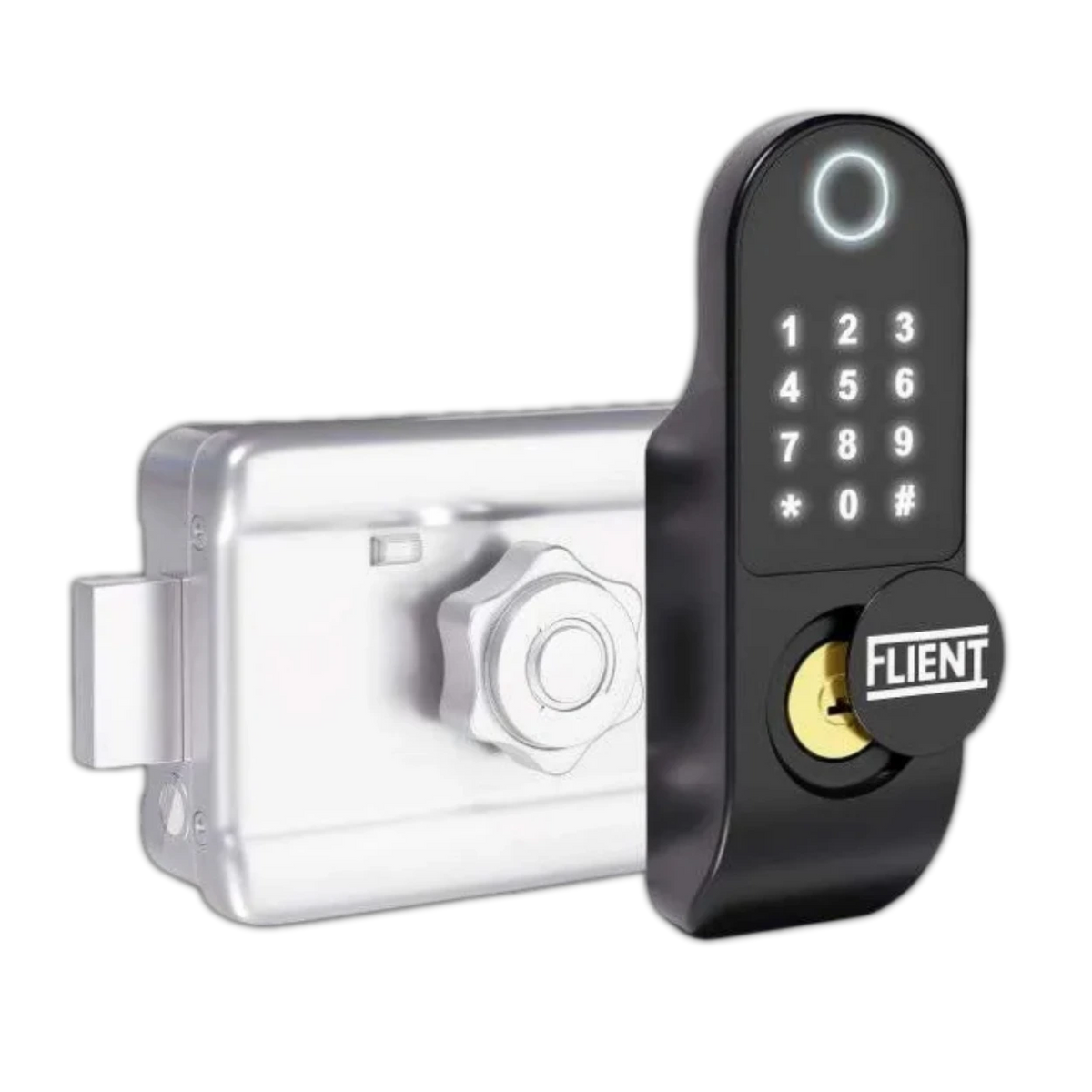 Flient Smart Lock GateGuard in zwart, gemotoriseerd oplegslot voor poort en deur